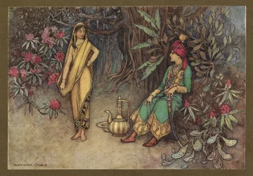 Plade 12: "Du ville pryde den mægtigste suveræns palads", fra Folk-Tales of Bengal ... Med 32 illustrationer i farver af Warwick Goble (Edition de luxe) 1914 (farve litho)