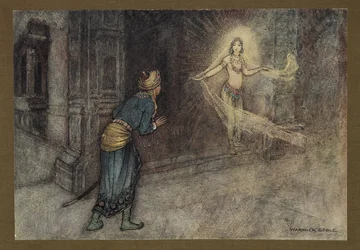 Plade 13: "Han så en smuk kvinde komme ud af paladset", fra Folk-Tales of Bengal ... Med 32 illustrationer i farver af Warwick Goble (Edition de luxe.) 1914 (color litho)