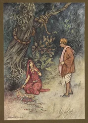 Plade 14: "Mand, tag al denne store mængde guld og disse ædelstene op", fra Folk-Tales of Bengal ... Med 32 illustrationer i farver af Warwick Goble (Edition de luxe)