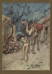 Plade 16: "Kameldriveren steg af, bandt kamelen til træet på stedet og begyndte at ryge."  Folk-Tales of Bengal ... Med 32 illustrationer i farver af Warwick Goble. (Edition de luxe.).  1914
