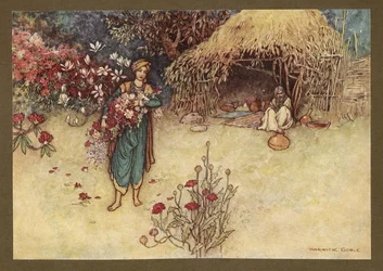 Plade 17: "At dawn he used to cull flowers in the first", fra Folk-Tales of Bengal ... Med 32 illustrationer i farver af Warwick Goble. (Edition de luxe.)
