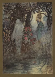 Plade 18: "Brahmanens kone havde lejlighed til at gå til tanken, og mens hun gik, blev hun børstet af en Sankchinni", fra Folk-Tales of Bengal ... Med 32 illustrationer i farver af Warwick Goble. (Edition de luxe.)