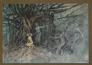 Plade 19: "I det øjeblik det første slag blev givet, skyndte rigtig mange spøgelser mod Brahmanen, fra "Folk-Tales of Bengal ... Med 32 illustrationer i farver af Warwick Goble (Edition de luxe.)
