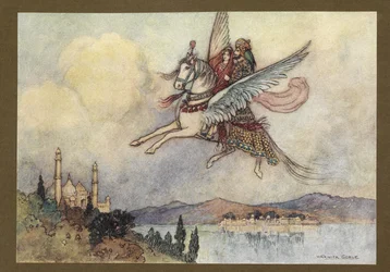 Plade 20: "Damen, kongen og hiramanden nåede alle kongens hovedstad i god behold", fra Folk-Tales of Bengal ... Med 32 illustrationer i farver af Warwick Goble (Edition de luxe.)