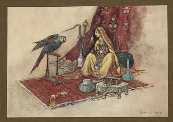 Plade 21: "Hvilken prinsesse har nogensinde kun puttet en rubin i håret?" fra Folk-Tales of Bengal ... Med 32 illustrationer i farver af Warwick Goble (Edition de luxe.)