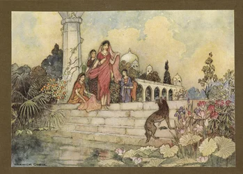 Plade 23: "Sjakalen ... åbnede sit bundt af betelblade, stak nogle ind i munden og begyndte at tygge dem", fra Folk-Tales of Bengal... Med 32 illustrationer i farver af Warwick Goble (Edition de luxe .)