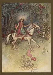 Plade 24: "Et skarpt lys, ligesom Månen, var se skinnende på hans pande", fra Folk-Tales of Bengal ... Med 32 illustrationer i farver af Warwick Goble (Edition de luxe)