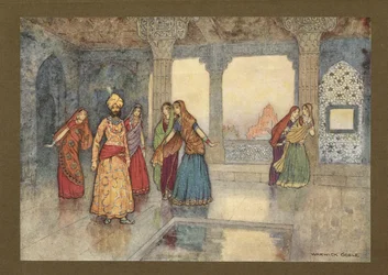 Plade 25: "De seks dronninger forsøgte at trøste ham", fra Folk-Tales of Bengal ... Med 32 illustrationer i farver af Warwick Goble. (Edition de luxe.) 1914 (farve litho)