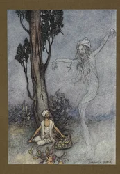 Plade 26: "Nu barber, jeg vil ødelægge dig. hvem vil beskytte dig?", fra Folk-Tales of Bengal ... Med 32 illustrationer i farver af Warwick Goble (Edition de luxe.)