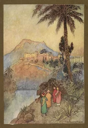 Plade 27: "De nærmede sig et storslået sæt bygninger.", fra Folk-Tales of Bengal ... Med 32 illustrationer i farver af Warwick Goble. (Edition de luxe.)