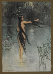 Tavle 29: "Da hun kom op af vandet, sikke en forandring i hende!", fra Folk-Tales of Bengal ... Med 32 illustrationer i farver af Warwick Goble (Edition de luxe.). 1914