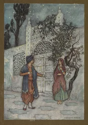 Plade 2: "Prinsen blev genoplivet, og gik omkring og så en menneskeskikkelse nær porten", fra Folk-Tales of Bengal... Med 32 illustrationer i farver af Warwick Goble