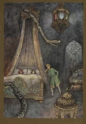 Plade 3: "Han skyndte sig ud af sit skjulested og dræbte slangen", fra Folk-Tales of Bengal ... Med 32 illustrationer i farver af Warwick Goble. (Edition de luxe)