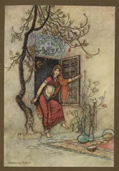 Plade 7: "The Girl of the Wall-Amirah."Folk-Tales of Bengal ... Med 32 illustrationer i farver af Warwick Goble (Edition de luxe)