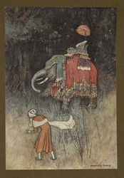 Plade 8: "Pludselig fløj en elefant smukt over sin vej", fra Folk-Tales of Bengal ... Med 32 illustrationer i farver af Warwick Goble (Edition de luxe)