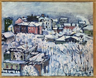 Vinterdag. Smolensky Boulevard (Moskva). (Vinterdag. Smolensky Boulevard). Bylandskab, dækket af sne. Maleri af Wassily Kandinsky (eller Wassily Kandinski eller Kandinskij