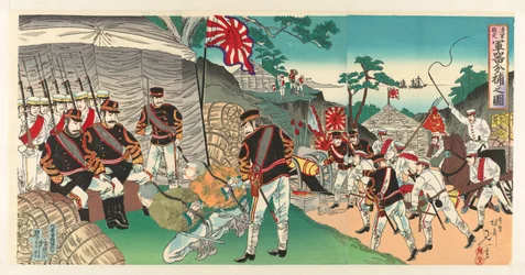 Japanske tropper fanger våben efterladt af den flygtende fjende Shingun haisô gunki bundori no zu (titel på objekt)