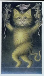 Cat on a Tightrope, balancerende med Bird and Mice (blyant og farvekridt på papir)