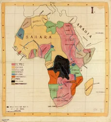 The Wells Missionary Map Co., 3612 Prairie Avenue, Chicago, ansøgt om ophavsret. Stof kort. Pen-og-blæk, blyant, farveblyant og akvarel; stednavne, navne i legende og koordinater mekanisk tegnet med sort blæk. I. Tilgængelig også gennem biblioteket