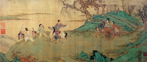 Studenten Chang siger farvel til sin elsker Ying Ying i hvilepavillonen, detalje af en illustration af "Xi Xiang Ji"