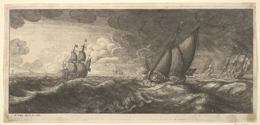 En yacht og tre krigsskibe i en storm, 1665.