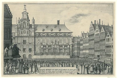 Proklamation af freden i Munster i Antwerpen, 1648 Eygentlycke skildrer måden for udgivelsen af ​​den Peys, mellem syne Mayesteyt den Coninck van Spagnien, og Heeren Staten Generael van de Vereenich[de] Nederlanden på en Heerlyc