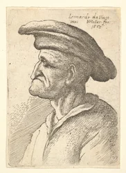 Buste af ældre mand med næse, der møder hans underlæbe, iført bred flad kasket i profil t..., 1665.