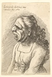 Buste af kvinde med vidt åben mund og langt krøllet hår, der falder over hendes skuldre, iført..., 1665.