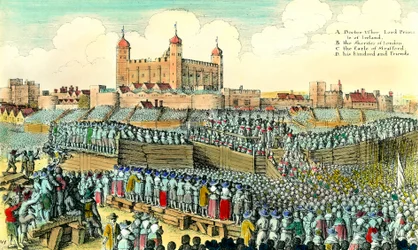 Første engelske revolution (1641-1649): henrettelse af den engelske politiker Thomas Wentworth de Strafford (1593-1641) den 12/05/1641 ved Tower Hill i London. Gravering af Wenceslaus Hollar (1607-1677) 1600-tallets privatsamling