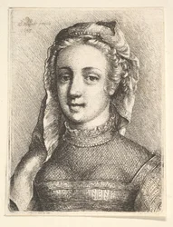 Hoved og skuldre af en kvinde med slør og diaphanous halsbeklædning, 1645.