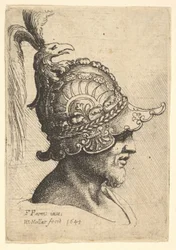 Hoved med hjelm og fuglehoved, 1645.