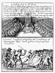 John Pym læser et brev op i Underhuset; Oberst Thomas Lunsford og hans soldater angriber londonere