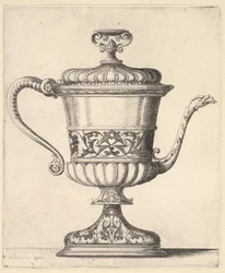 Kande med låg, indgraveret med arabeskmønster, den smalle tud til højre ender i snak..., 1625-77.