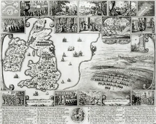 Kort over borgerkrigens England og udsigt over Prag, 1632