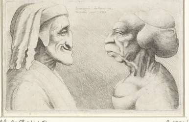 Deforme karikaturhoveder af en mand med hat (Dante?) og en kvinde Varie figurae et probae (serietitel) Karikaturer, hoveder og deformiteter efter Leonardo da Vinci (serietitel)
