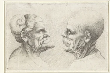 Deforme hoveder af en skaldet mand og kvinde med horn på hovedet Varie figurae et probae (serietitel) Karikaturer, hoveder og deformiteter efter Leonardo da Vinci (serietitel)