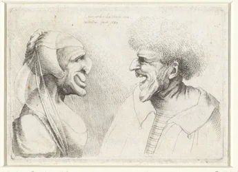 Deforme hoveder af en smilende mand og kvinde med en hovedhætte Varie figurae et probae (serietitel) Karikaturer, hoveder og deformiteter efter Leonardo da Vinci (serietitel)