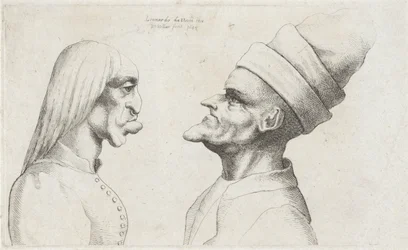 Deforme hoveder af en kvinde med glat hår og en mand med en dobbeltskygget hat Varie figurae et probae (serietitel) Karikaturer, hoveder og deformiteter efter Leonardo da Vinci (serietitel)