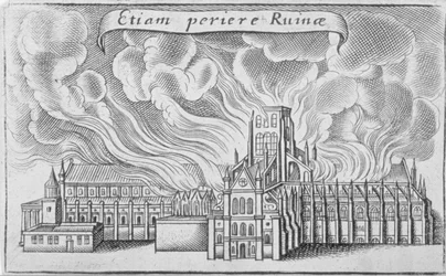 Den gamle St Paul’s Cathedral i brand under Londons store brand, 1666