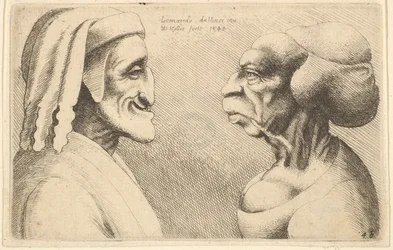 To deforme hoveder figuren til venstre er muligvis en karikatur af Dante, 1645.