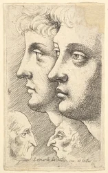 To unge i profil til venstre med to groteske hoveder mod hinanden nedenfor, 1625-77.
