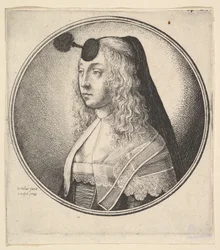 Kvinde med houpette på panden drejet til venstre, 1643.