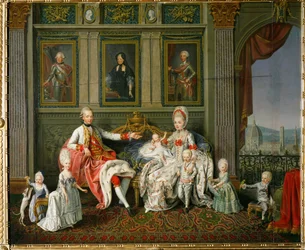 Piero Leopoldo, storhertug af Toscana, senere kejser Leopold II, hans kone Maria Ludovica, infante af Spanien, og seks af deres 16 børn (maleri på lærred)