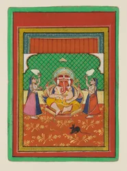 Siddende Ganesha med ledsagere, slutningen af det 19.-begyndelsen af det 20. århundrede (gouache på papir)