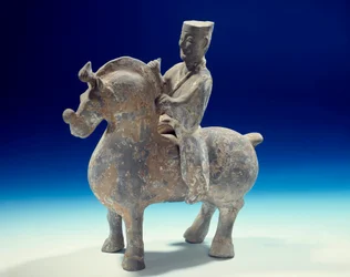 Kinesisk kunst: statuette af rytter (206 f.Kr.-220 e.Kr.), Han-perioden. Paris museum Cernuschi