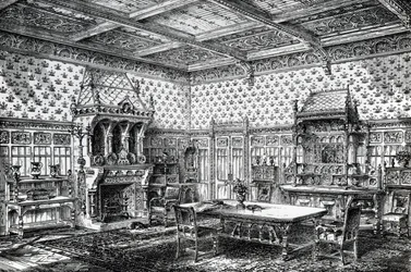Design til en gotisk spisestue, udgivet i The House-Furnisher & Decorator, 1. september 1872