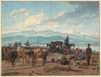 Halt af russiske kosakker - Kobell, Wilhelm, Ritter von (1766-1853) - 1804 - Akvarel på papir - 36,8x48,2 - Privat samling