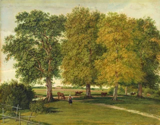 Hyrde med kvæg under efterårstræer, ca. 1821 (olie på papir lagt på pap)