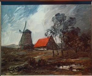 Efterårslandskab med en vindmølle og et rødt hus