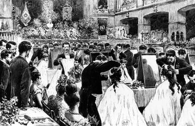 Demonstration af hårstyling af den tyske frisørforening i Berlins Koncerthus, 1887